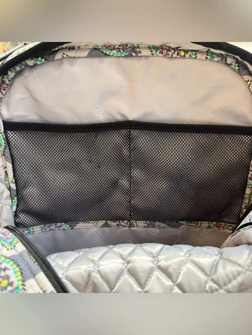 Vera Bradley Backpack Campus Tech Laptop Bag Gray Quilted Green & Pink Accents